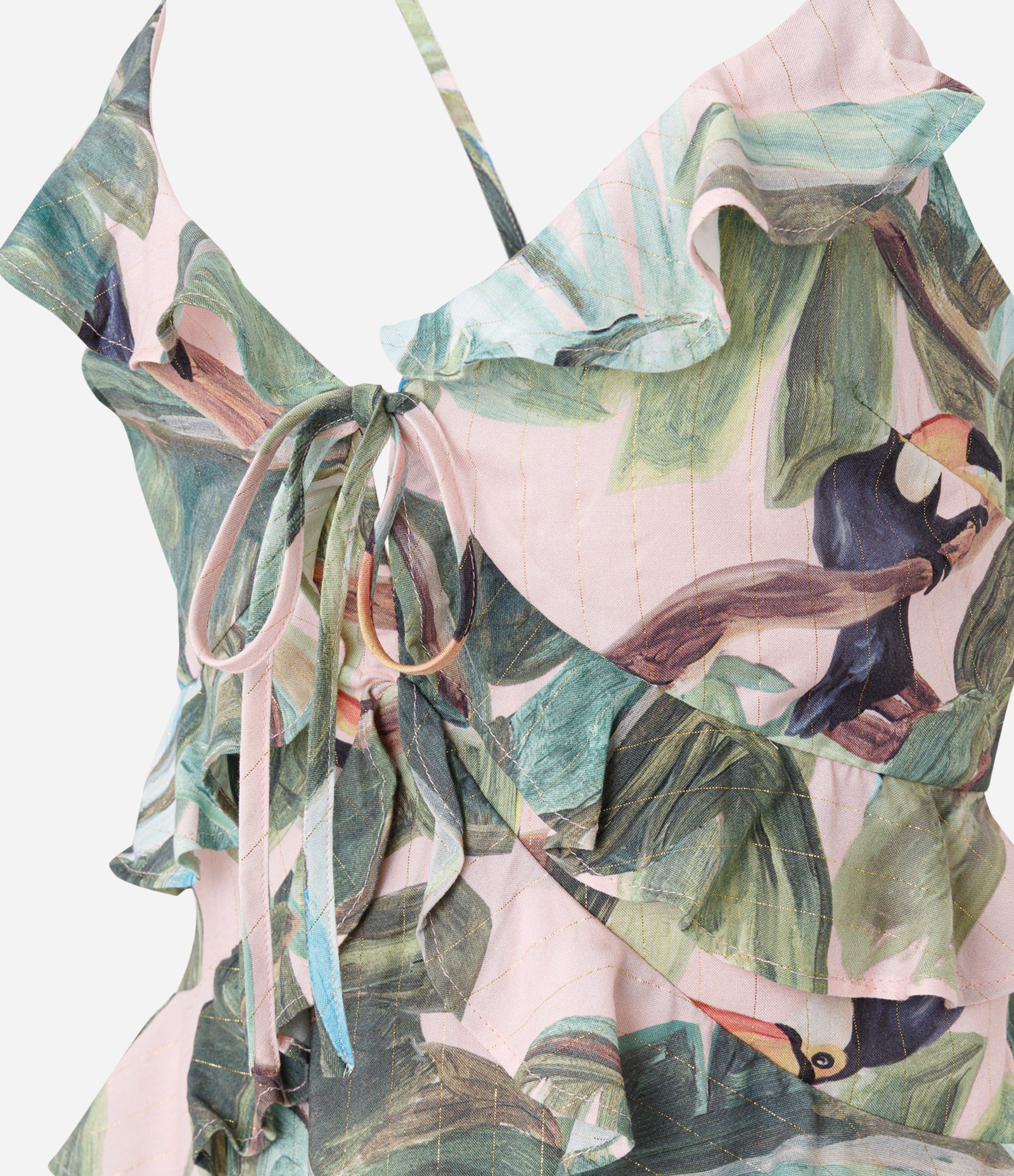 Vestido Floral Curto em Viscose com Babados e Decote V Verde e Rosa Claro 2