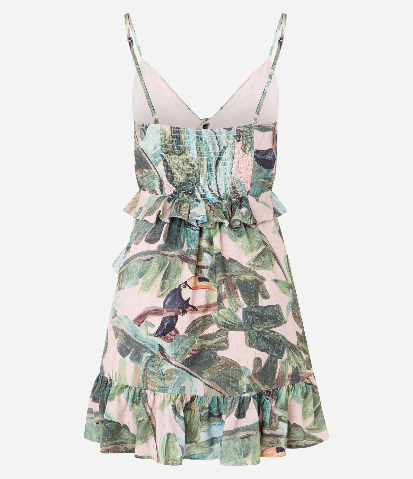 Vestido Floral Curto em Viscose com Babados e Decote V Verde e Rosa Claro 3