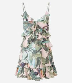 Vestido Floral Curto em Viscose com Babados e Decote V