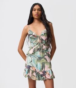 Vestido Floral Curto em Viscose com Babados e Decote V