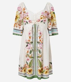 Vestido Floral Curto em Viscose com Decote Coração e Amarração Frontal