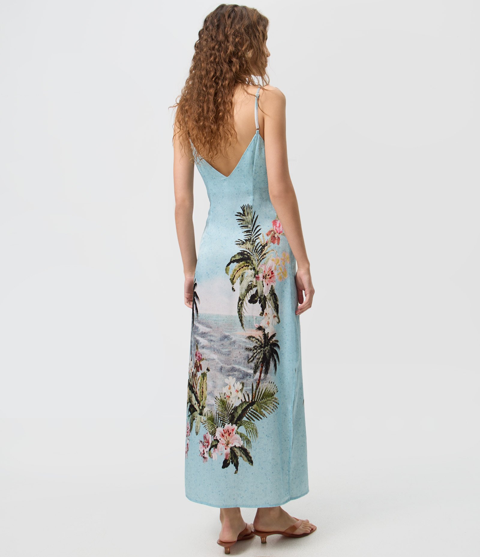 Vestido Long Midi com Estampa Tropical e Decote Degagê Azul 3