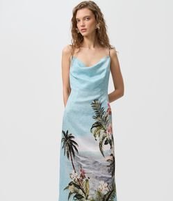 Vestido Long Midi com Estampa Tropical e Decote Degagê