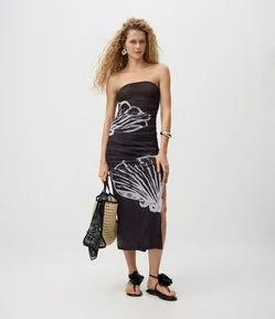 Saída de Praia Vestido Midi com Estampa de Conchas e Franzido