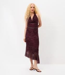 Vestido Midi em Tule com Estampa Manchada e Decote Degagê