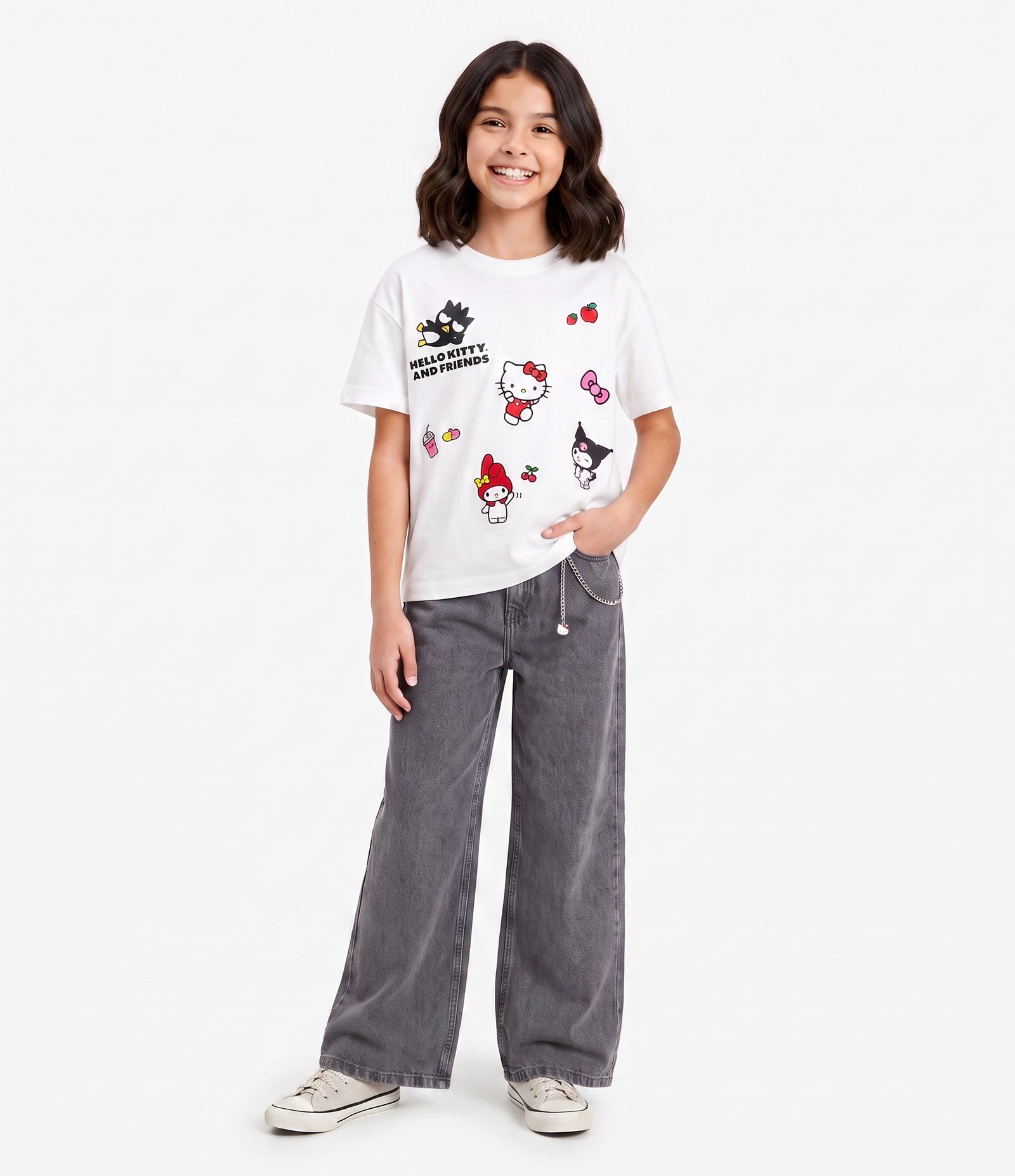 Calça Wide Leg Infantil Jeans Estonada com Corrente Hello Kitty - Tam 5 a 14 Anos Preto 1