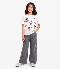 Calça Wide Leg Infantil Jeans Estonada com Corrente Hello Kitty - Tam 5 a 14 Anos