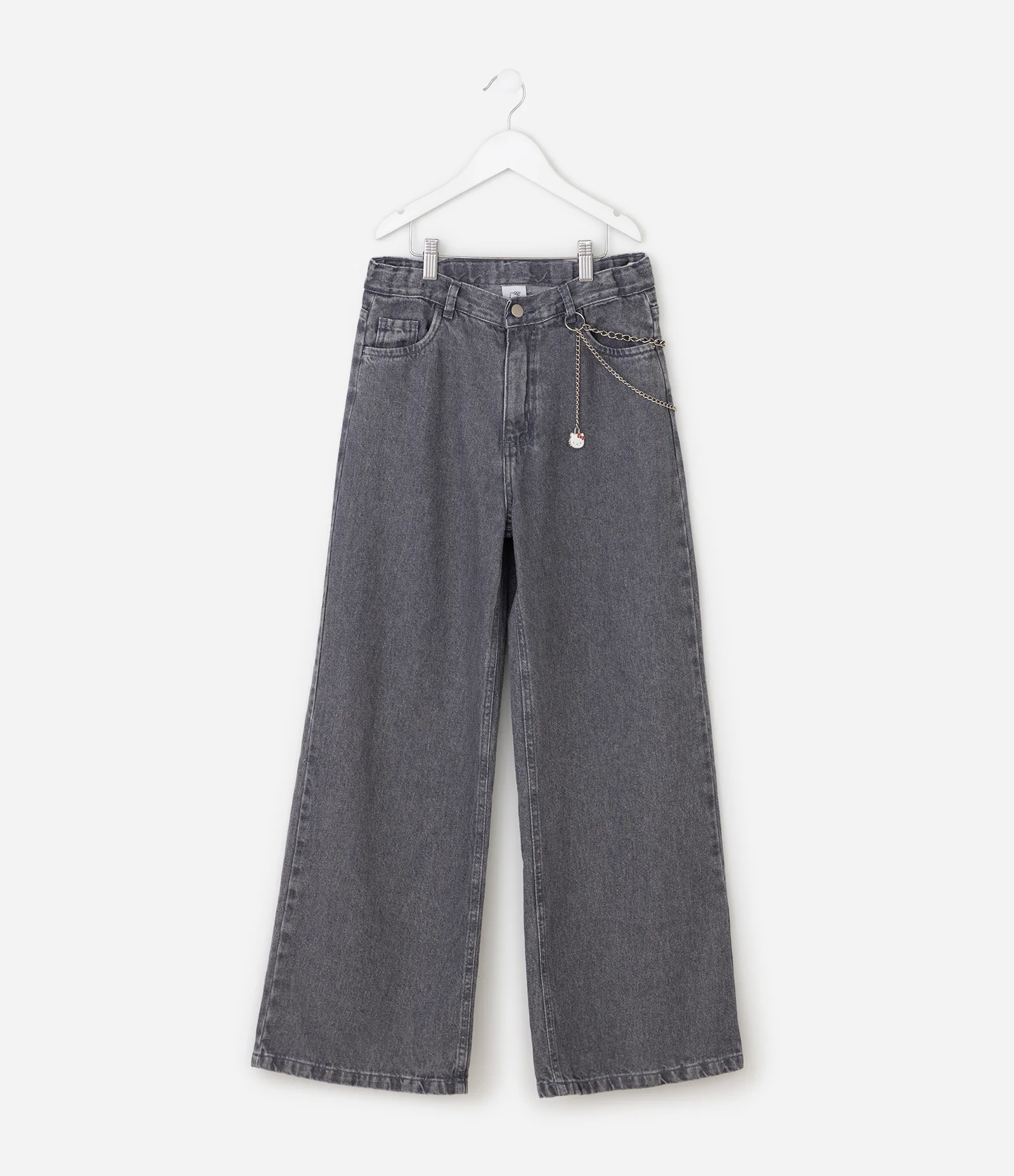 Calça Wide Leg Infantil Jeans Estonada com Corrente Hello Kitty - Tam 5 a 14 Anos Preto 2