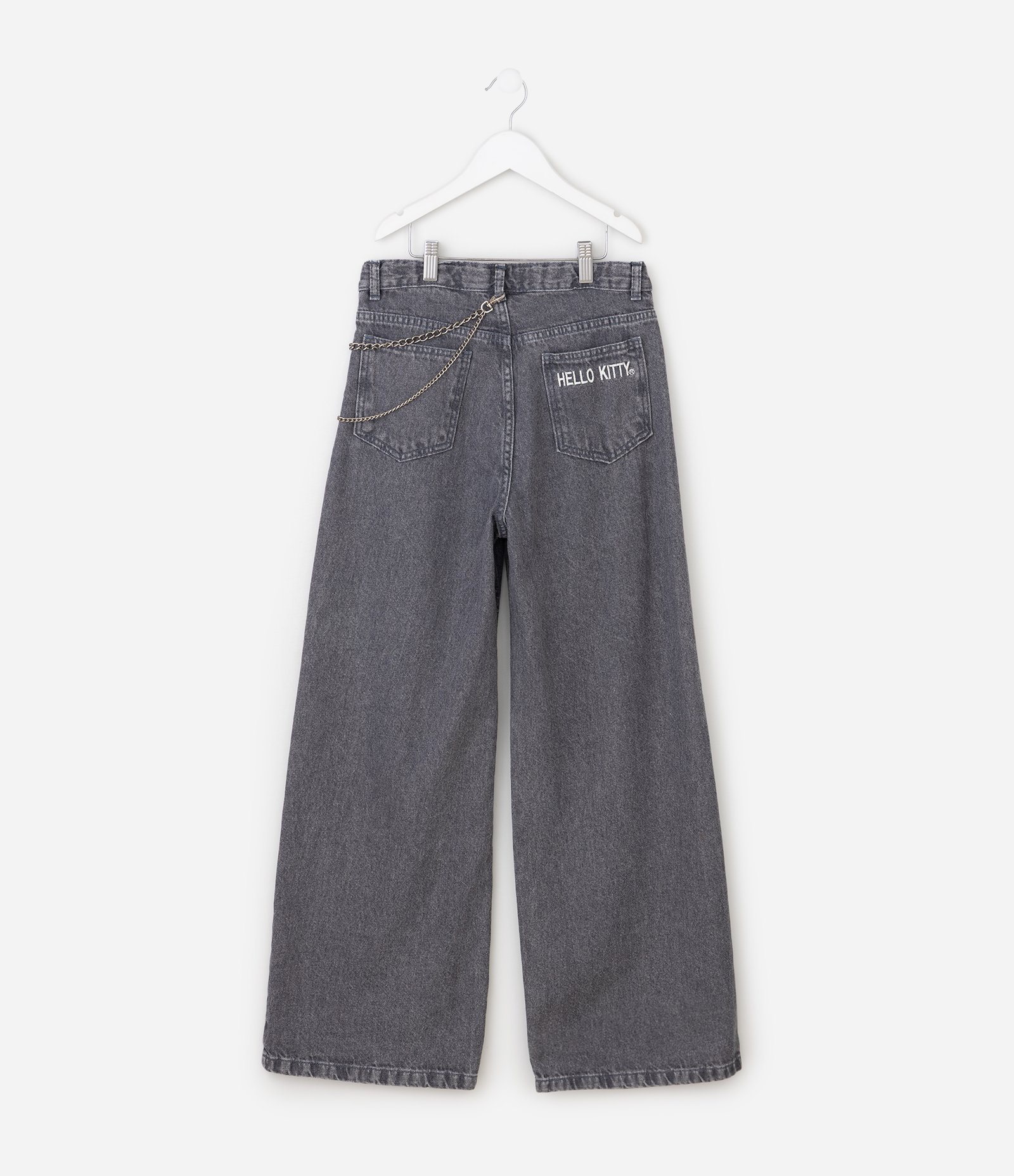 Calça Wide Leg Infantil Jeans Estonada com Corrente Hello Kitty - Tam 5 a 14 Anos Preto 3