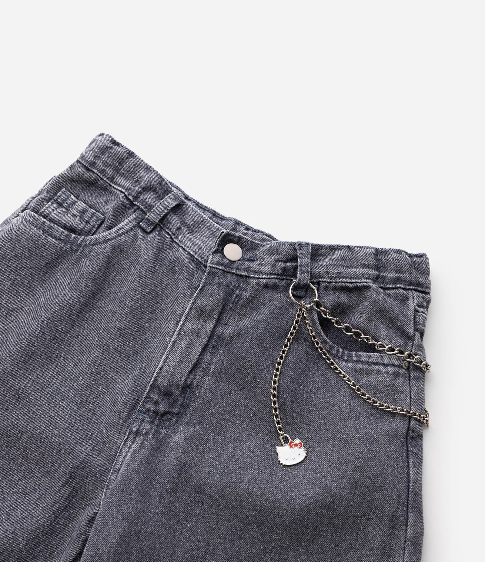 Calça Wide Leg Infantil Jeans Estonada com Corrente Hello Kitty - Tam 5 a 14 Anos Preto 4