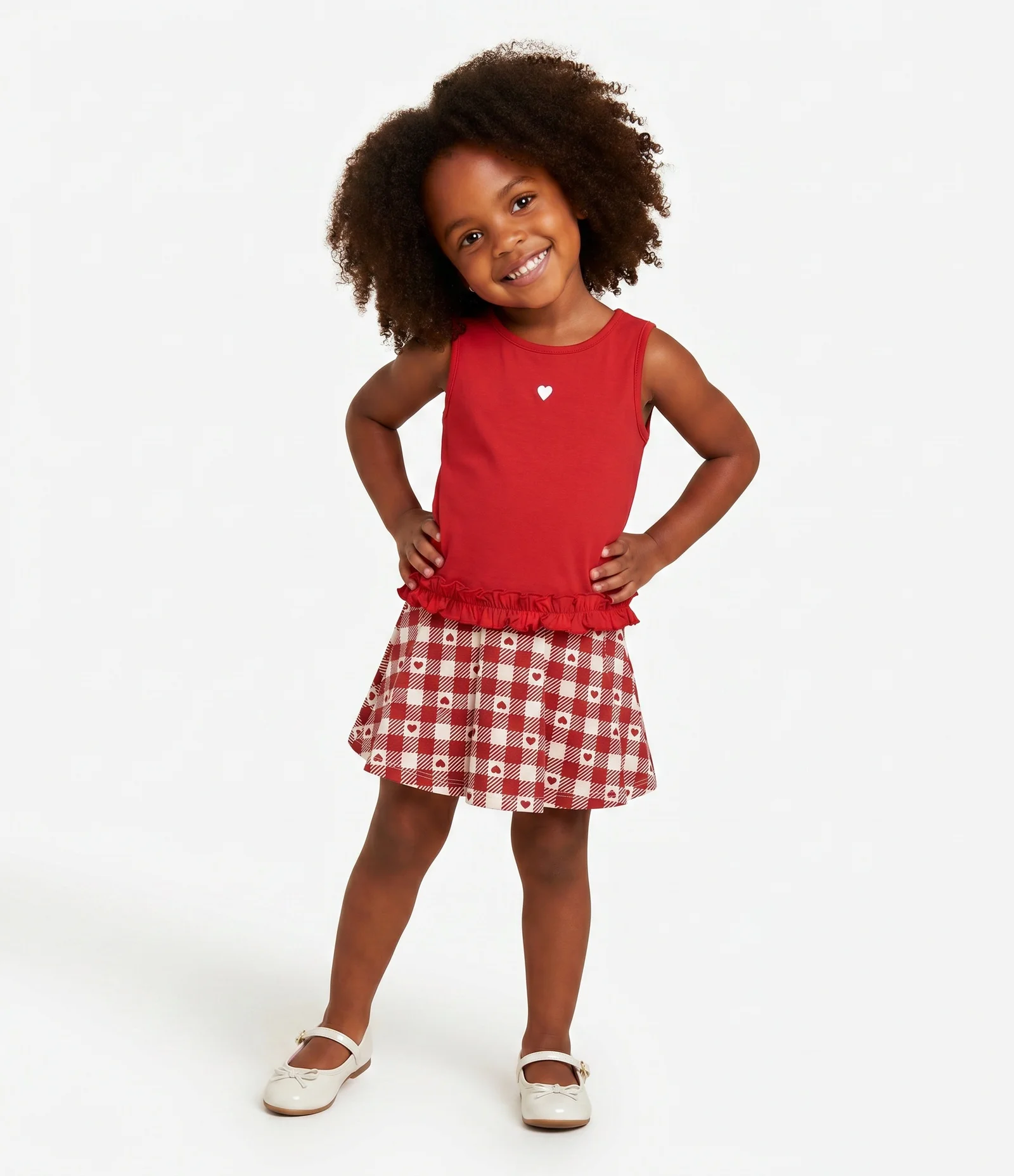 Saia Infantil com Estampa Xadrez e Corações – Tam 1 a 6 Anos Vermelho/Branco 1