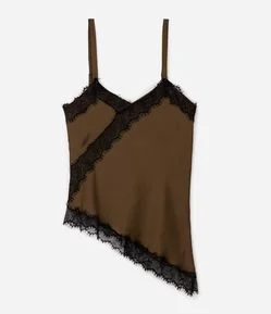 Blusa Regata em Cetim com Renda e Barra Assimétrica Curve & Plus Size