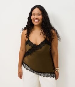 Blusa Regata em Cetim com Renda e Barra Assimétrica Curve & Plus Size