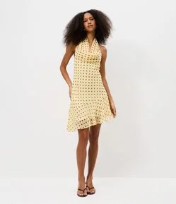 Vestido Curto em Chiffon com Estampa Poá e Decote Degagê