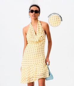 Vestido Curto em Chiffon com Estampa Poá e Decote Degagê