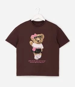 Camiseta Over Infantil com Estampa Ursa Marrom - Tam 5 a 16 Anos