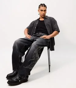 Calça Jeans Baggy Balloon com Aplicações Laterais