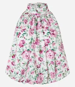 Blusa Halter Floral em Tricoline com Volume Balonê
