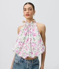 Blusa Halter Floral em Tricoline com Volume Balonê