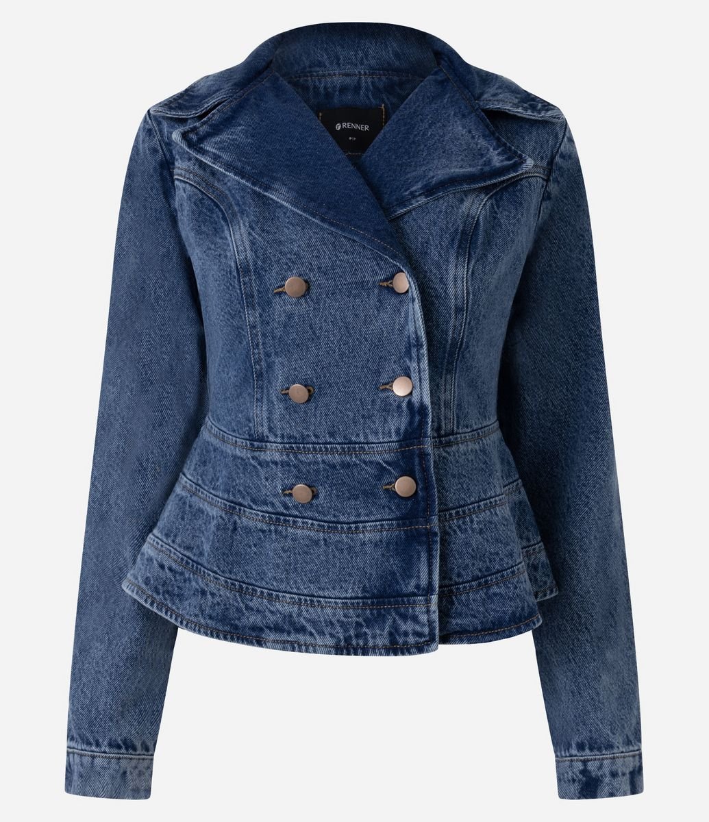 Jaqueta Peplum Jeans Acinturada com Abotoamento Duplo Azul