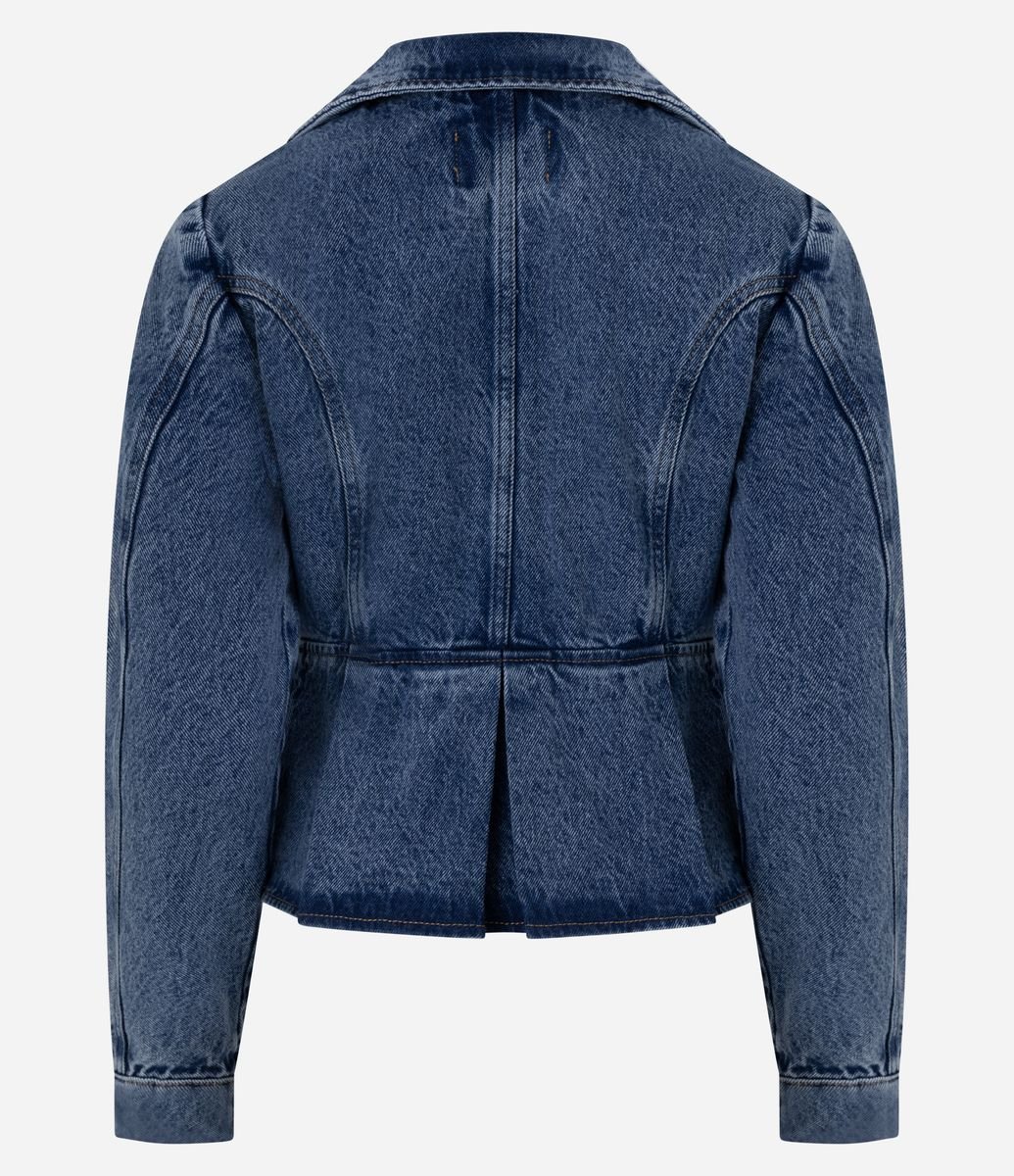 Jaqueta Peplum Jeans Acinturada com Abotoamento Duplo Azul