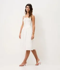 Vestido Midi de Alcinha em Tricoline com Anquinhas e Laço Gravata Frontal