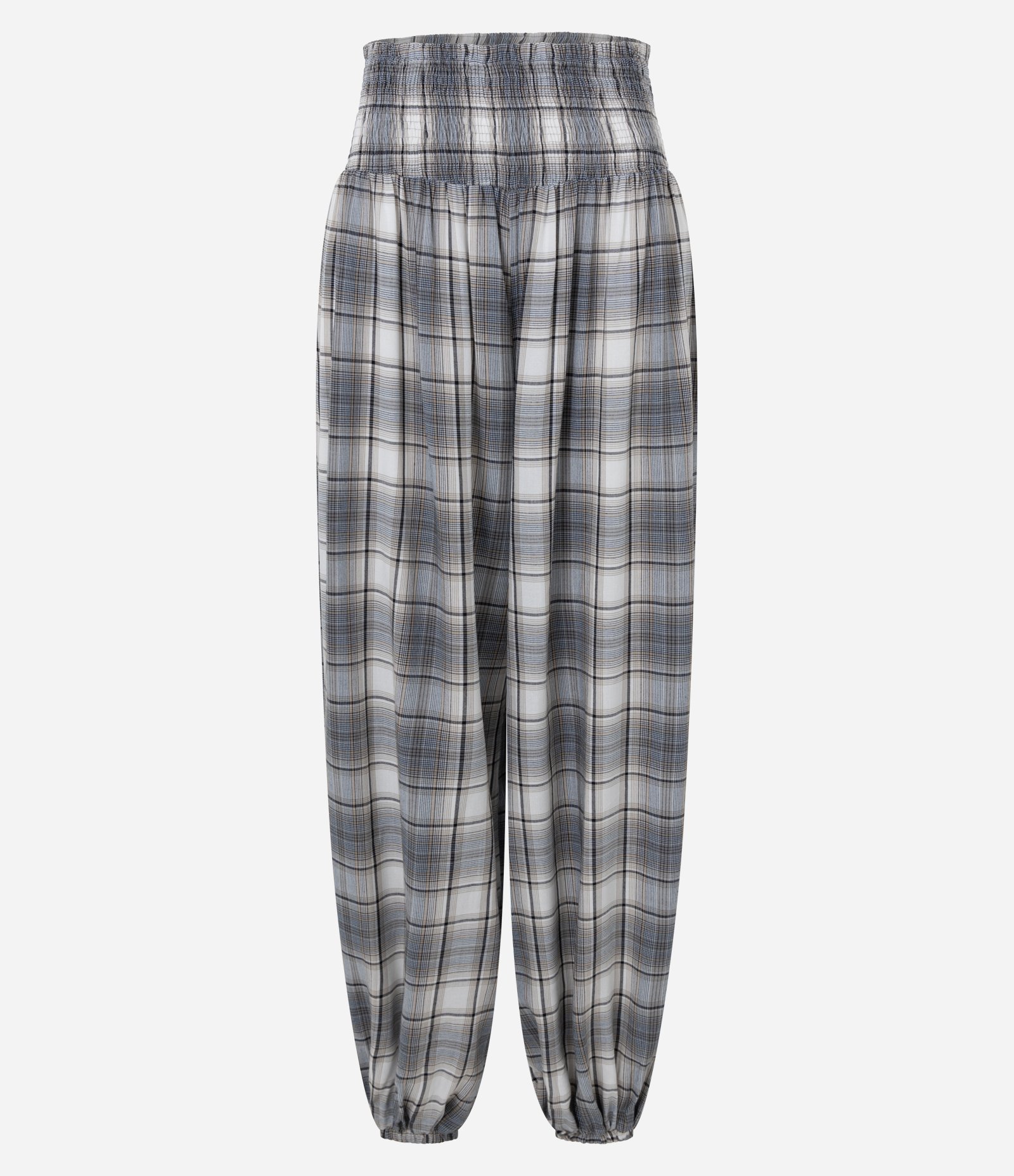 Calça Aladim em Viscose Xadrez Texturizada Cinza