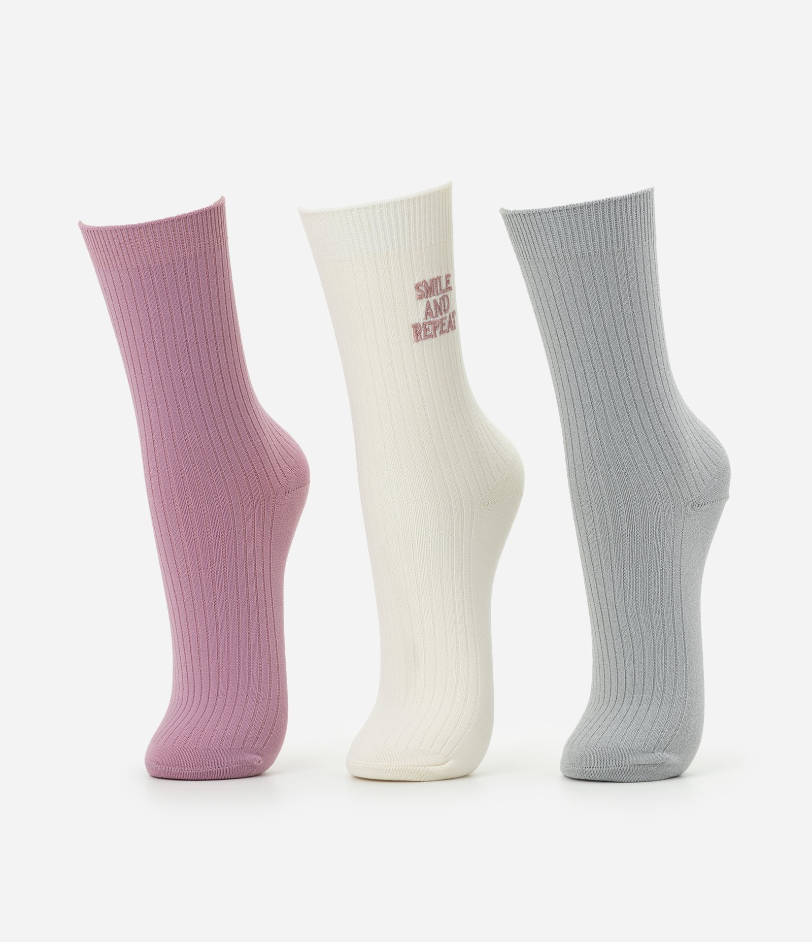 Kit 03 Meias Cano Alto Esportivas em Poliamida Canelada Verde/Rosa/Off White 1