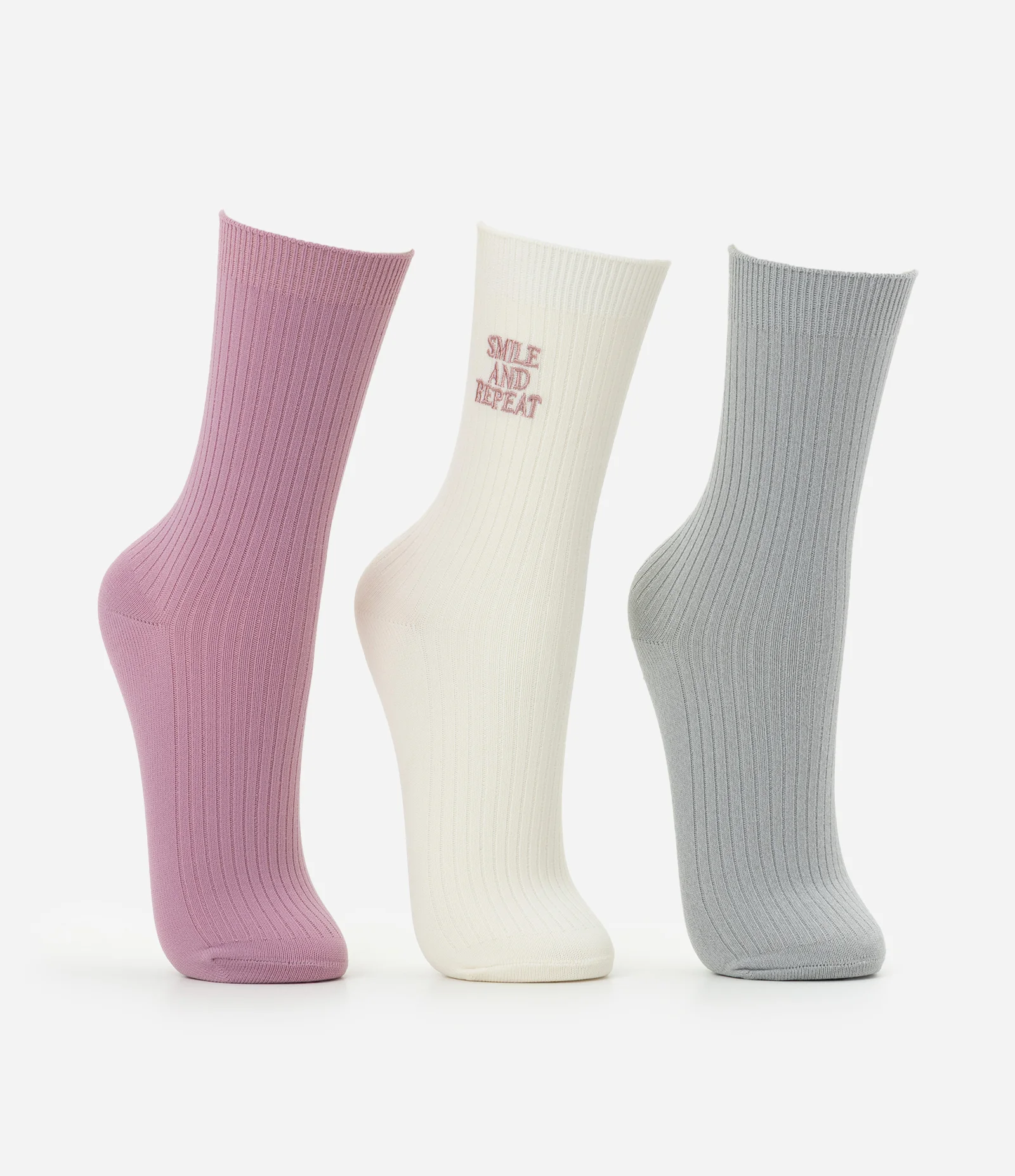 Kit 03 Meias Cano Alto Esportivas em Poliamida Canelada Verde/Rosa/Off White 2