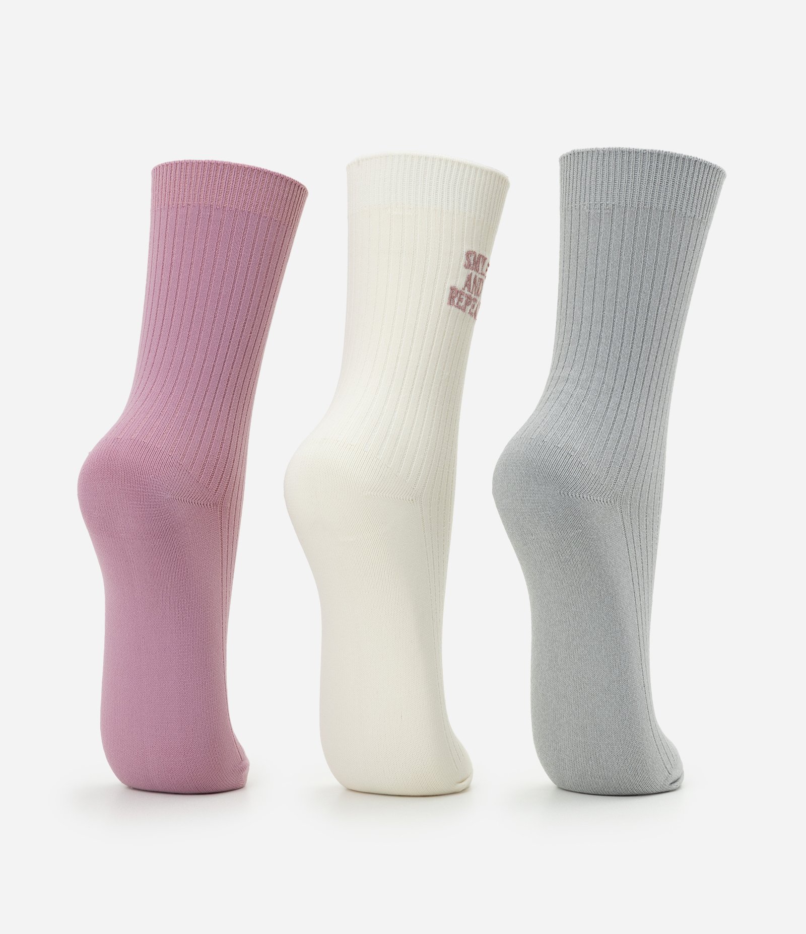 Kit 03 Meias Cano Alto Esportivas em Poliamida Canelada Verde/Rosa/Off White 3