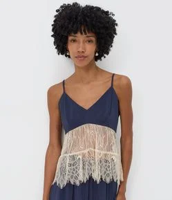 Blusa Nadador em Cupro com Renda Transparente e Babados