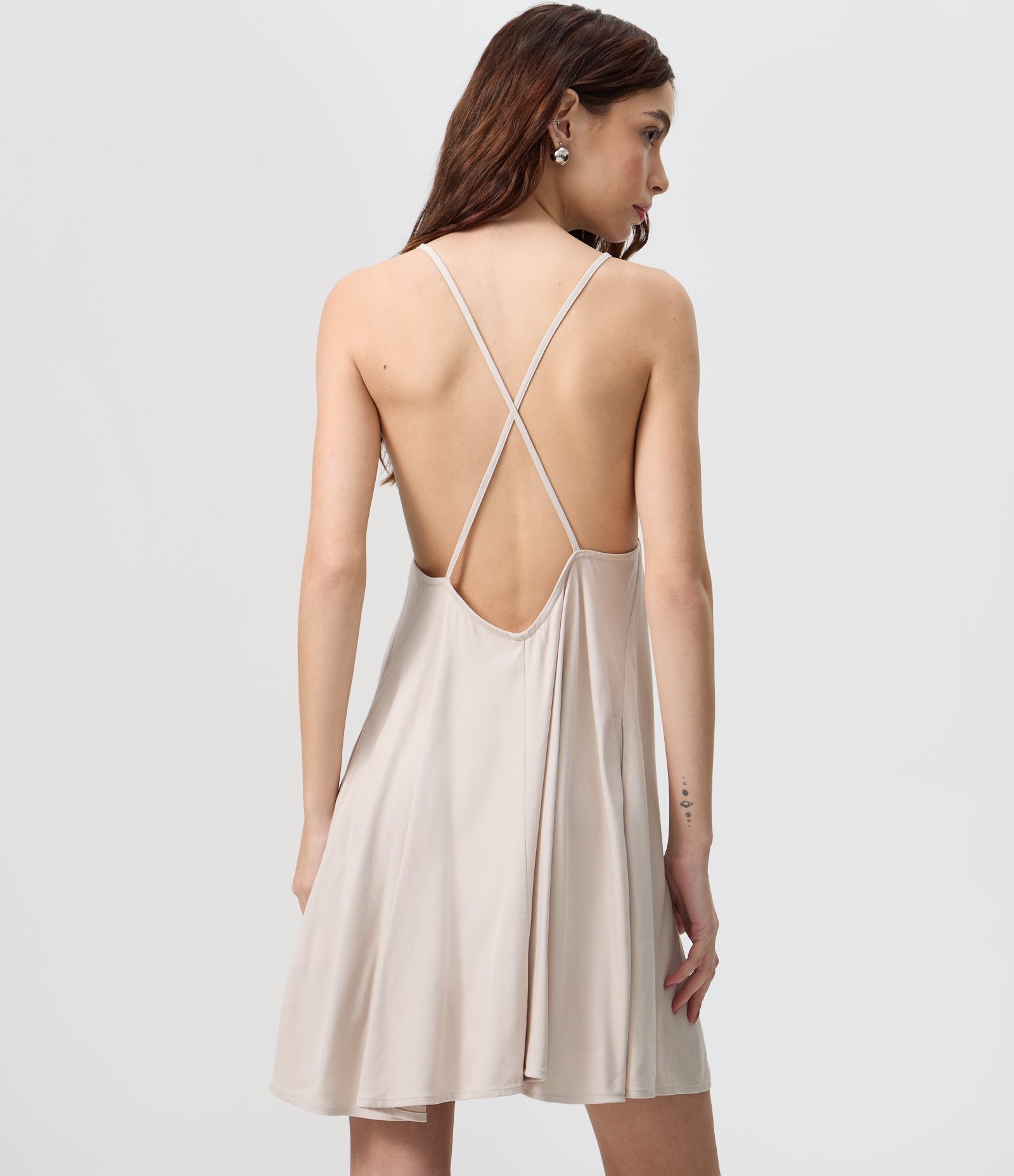 Vestido Curto em Sarja com Alças Finas e Costas Cruzadas Off White 4