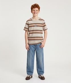 Camiseta Infantil em Algodão Listrada com Patch Traveler - Tam 5 a 14 Anos