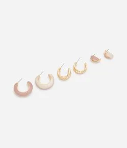 Kit com 03 Brincos de Argola e Botão com Detalhe Esmaltado