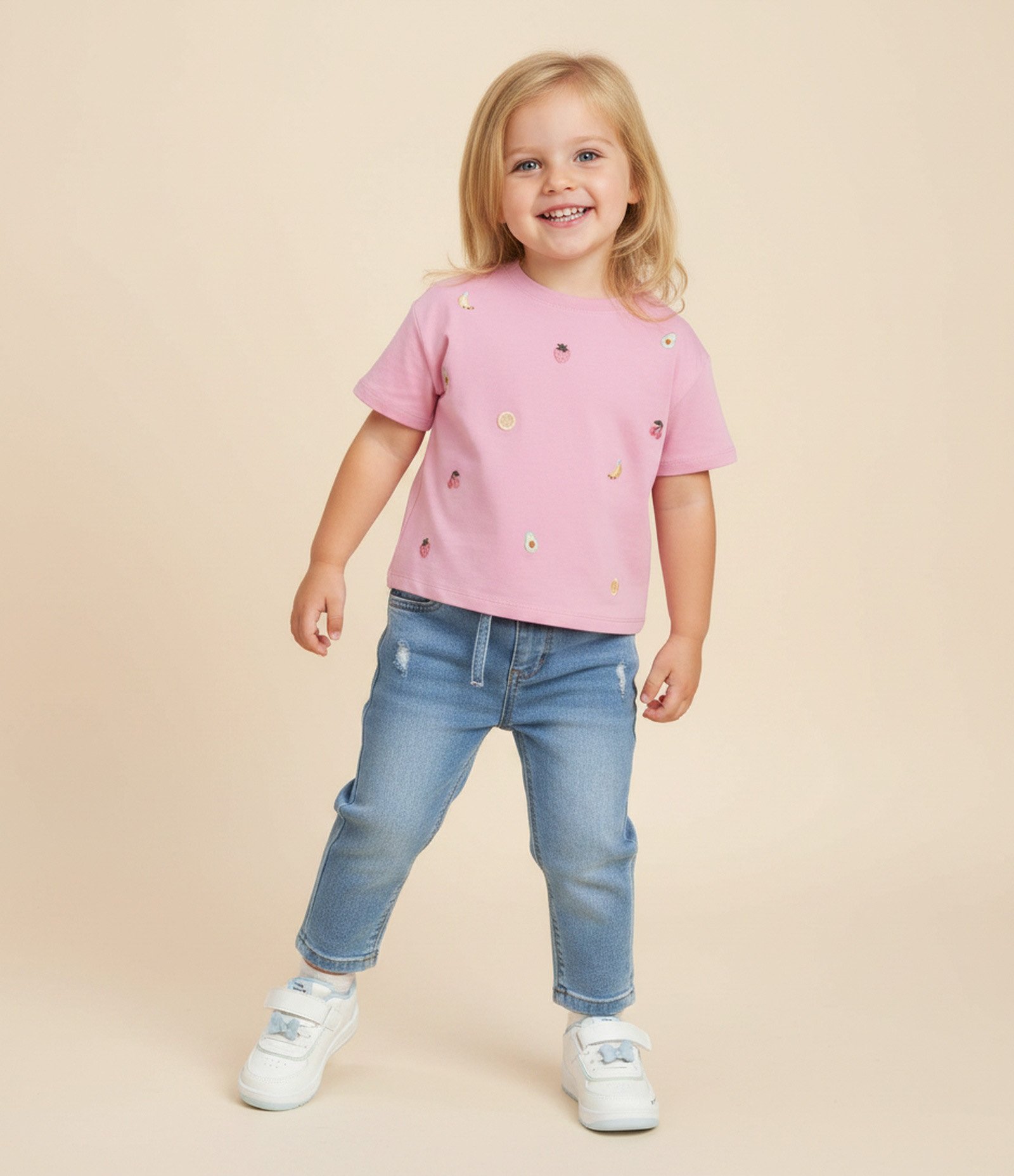 Blusa Comfort Infantil com Bordado de Frutinhas – Tam 1 a 6 Anos Rosa Claro 1
