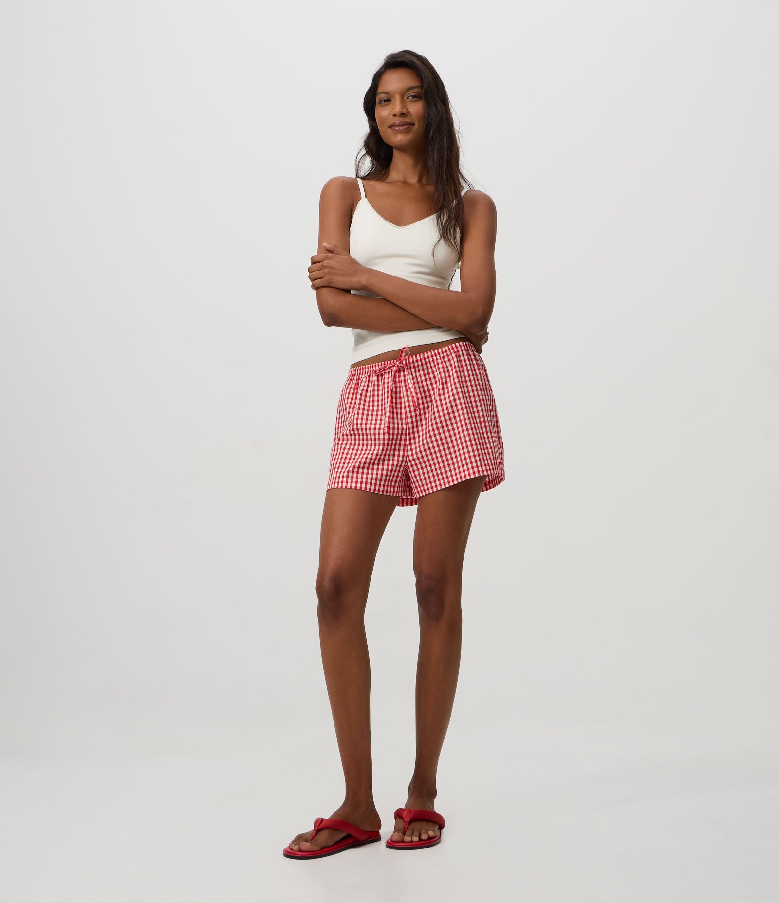 Short de Pijama em Tricoline Xadrez com Amarração e Saquinho Vermelho 1