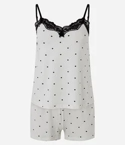 Pijama Regular em Viscolycra Poá com Renda