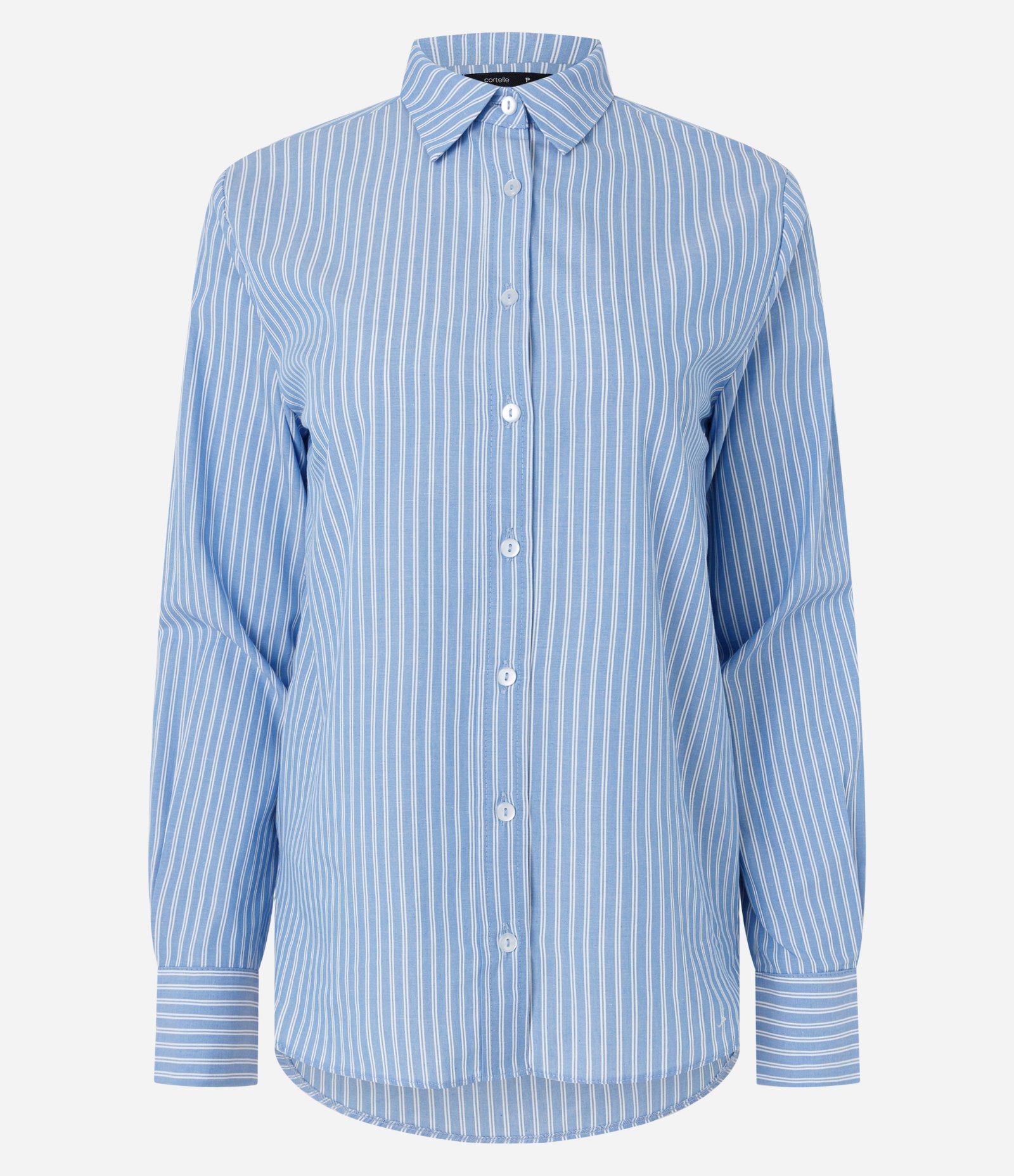 Camisa em Tricoline com Abotoamento e Estampa de Listras em Fio Tinto Azul 1