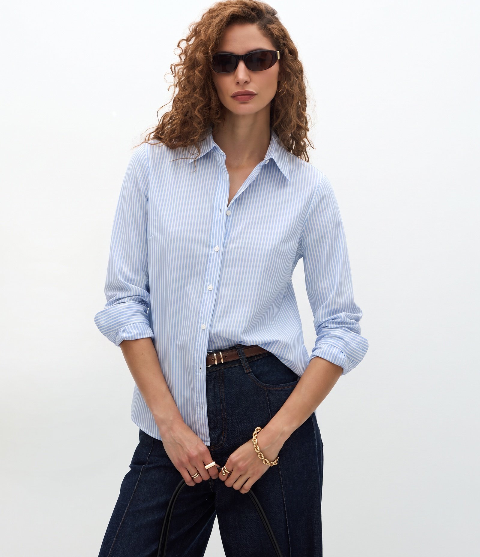 Camisa em Tricoline com Abotoamento e Estampa de Listras em Fio Tinto Azul 2
