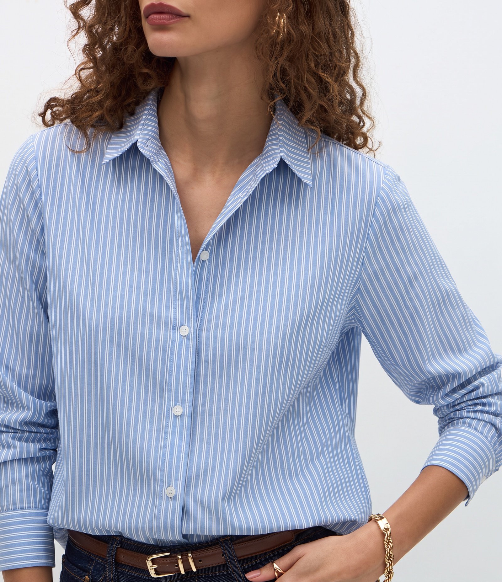 Camisa em Tricoline com Abotoamento e Estampa de Listras em Fio Tinto Azul 3