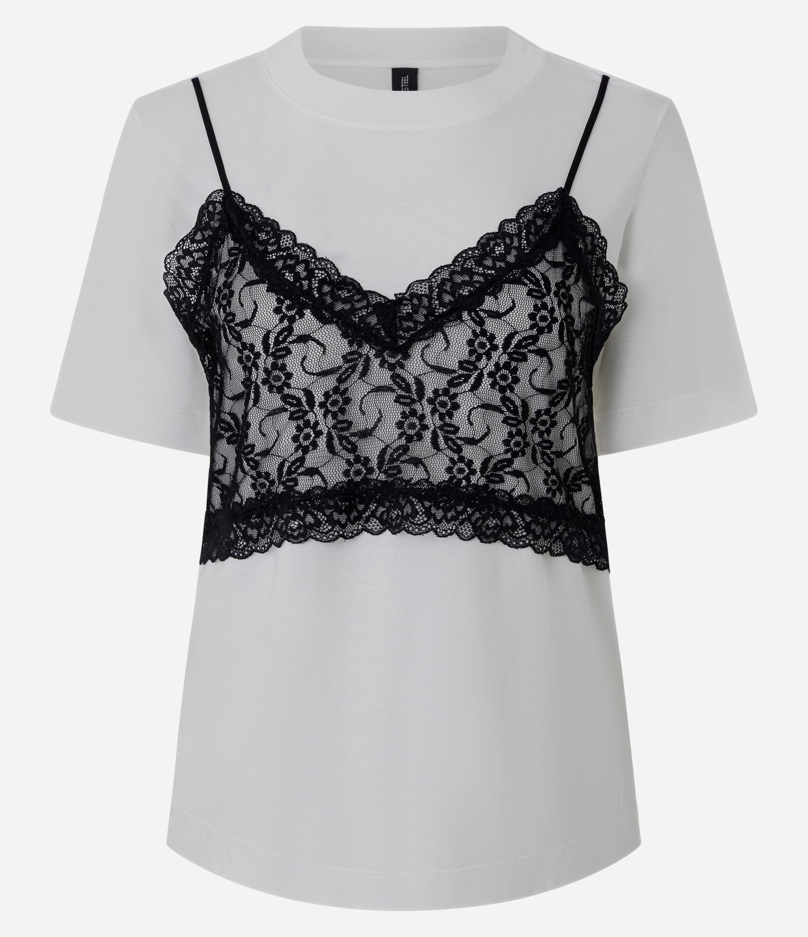 Camiseta em Algodão com Sobreposição Cropped de Alcinha em Renda Branco 5