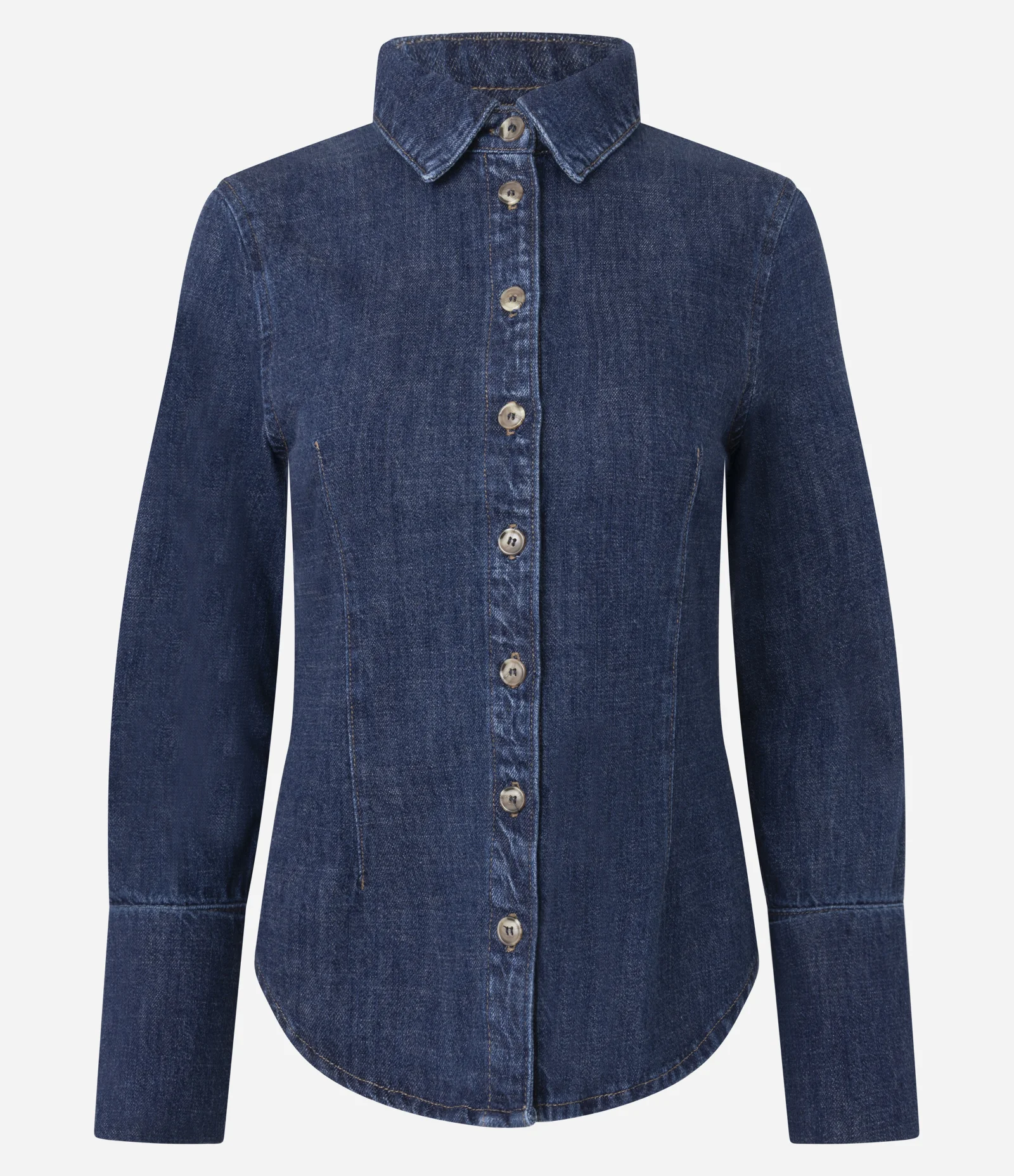 Camisa em Jeans com Botões e Punhos Alongados Azul Escuro 1