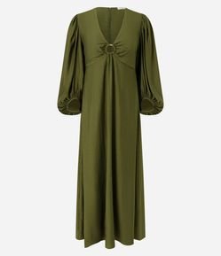 Vestido Midi em Viscose com Fivela no Busto e Manga Bufante