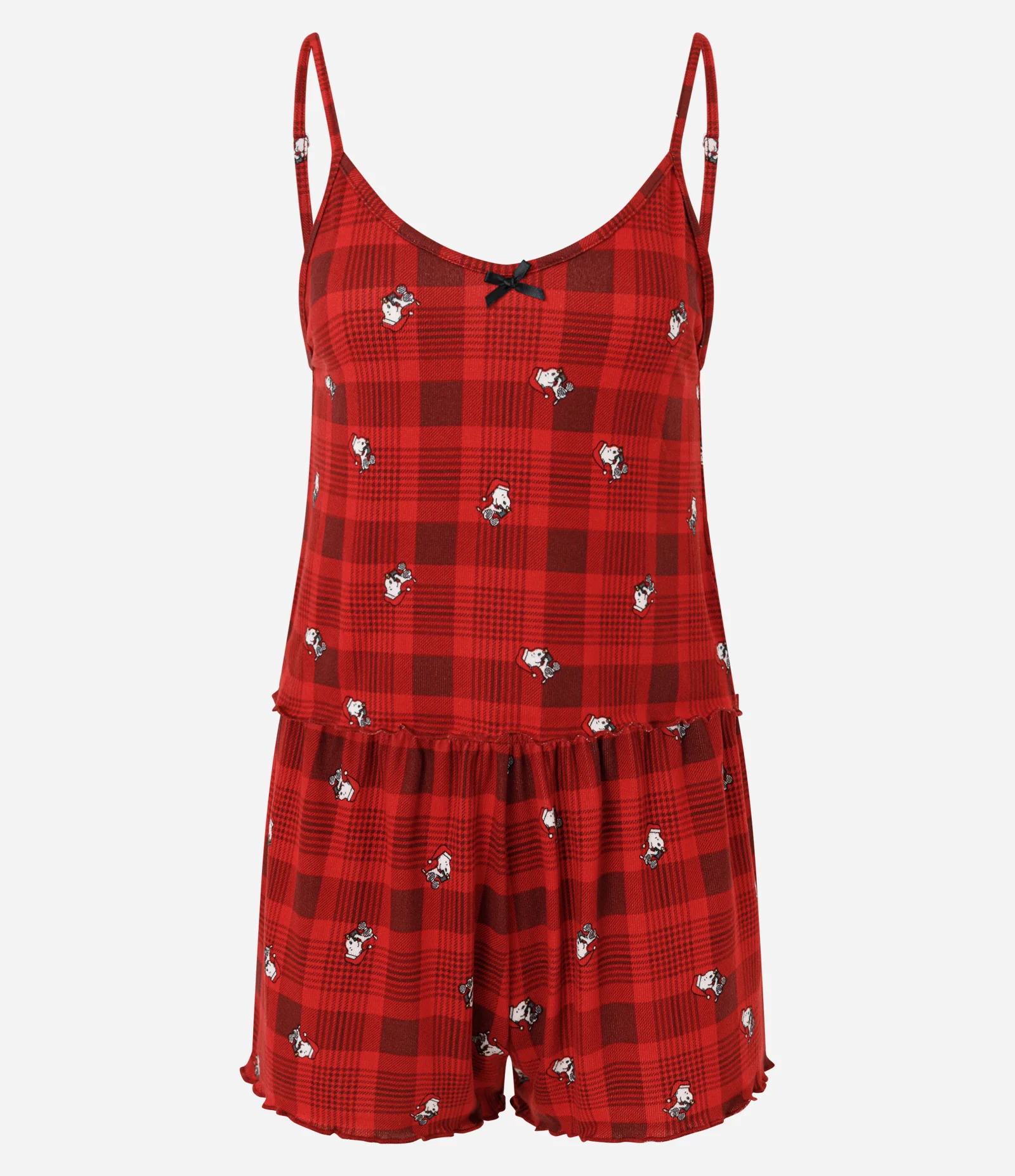 Pijama Short Doll em Tricô Xadrez com Estampa Snoopy Vermelho 5