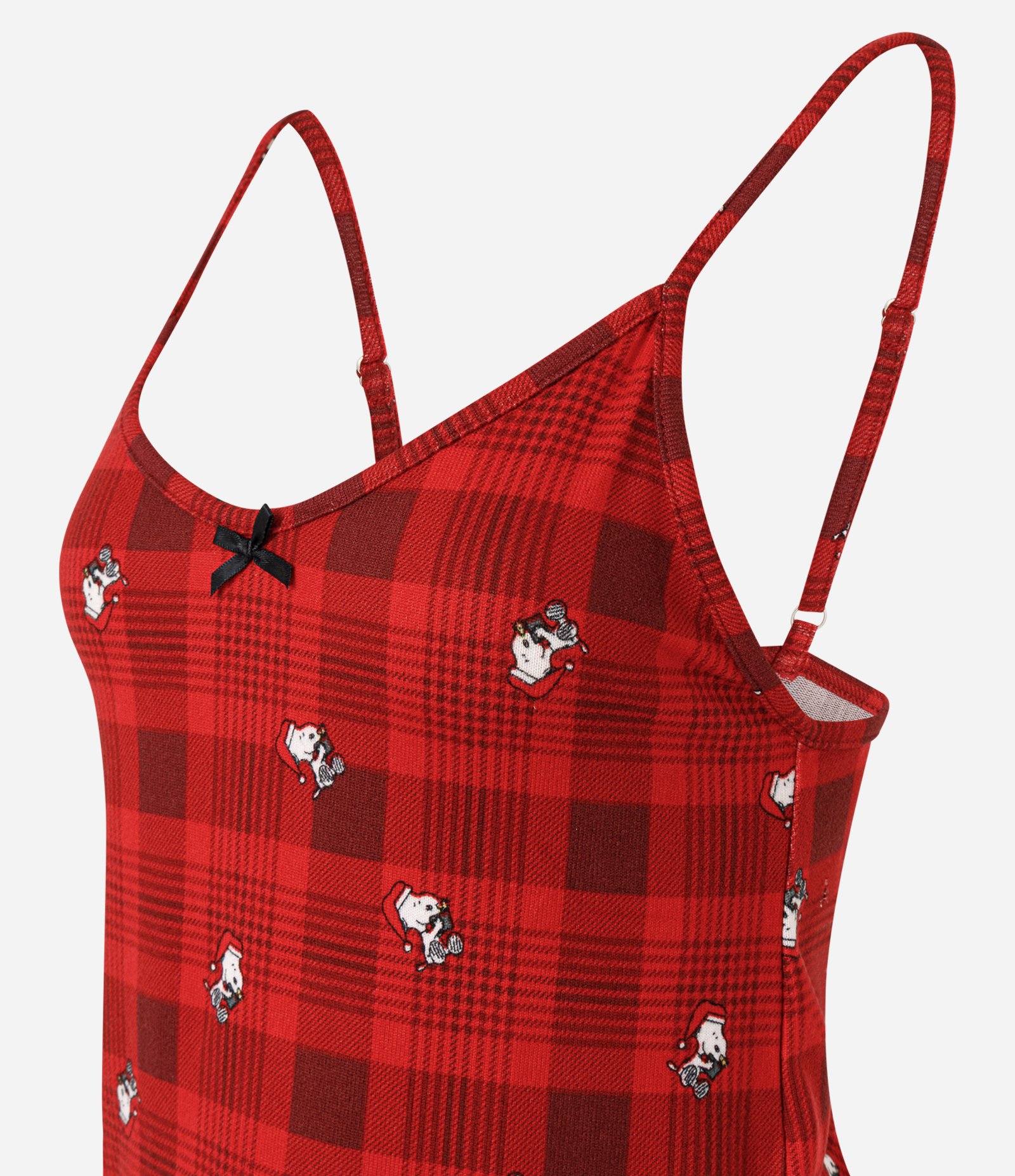 Pijama Short Doll em Tricô Xadrez com Estampa Snoopy Vermelho 6
