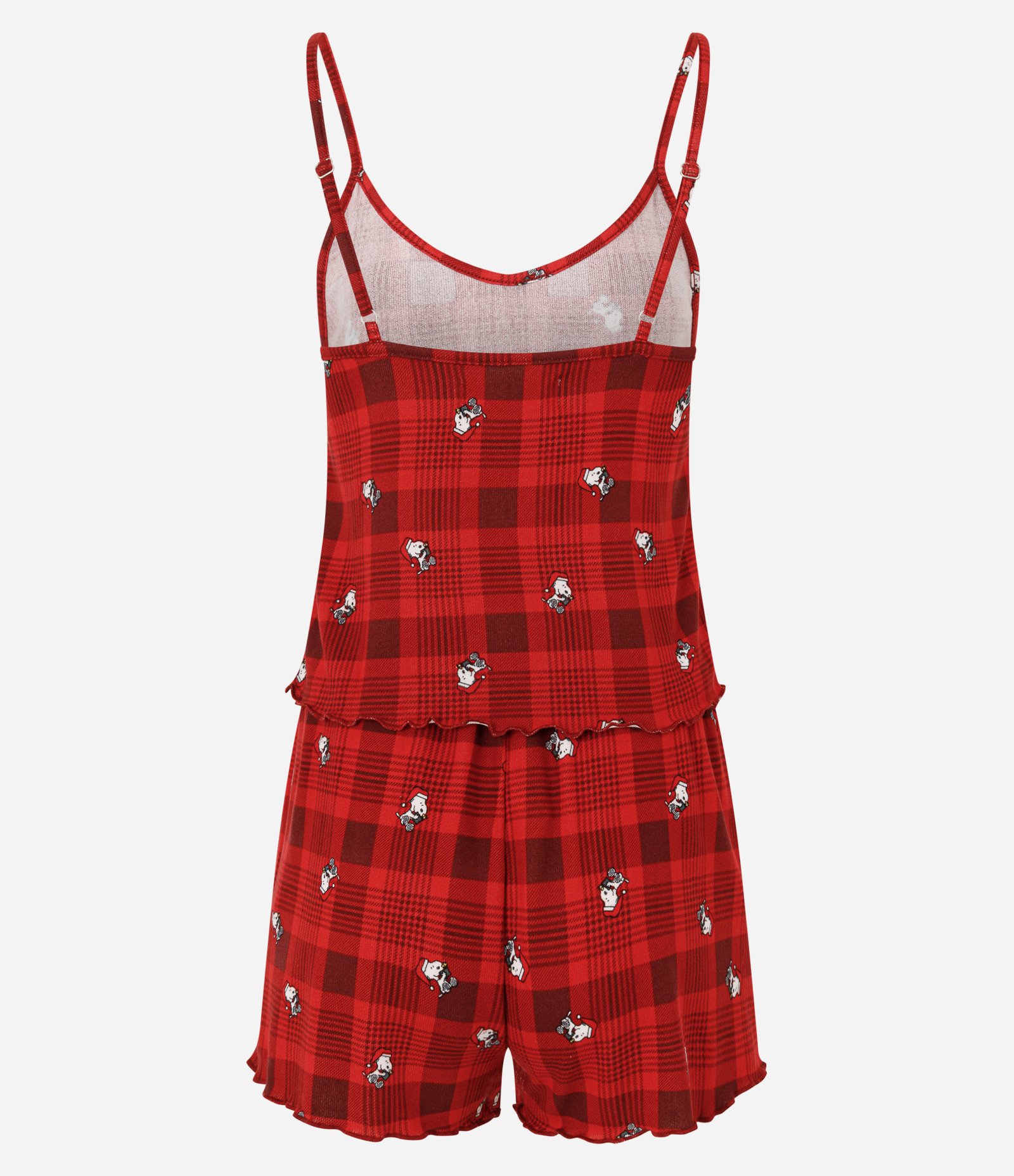 Pijama Short Doll em Tricô Xadrez com Estampa Snoopy Vermelho 7