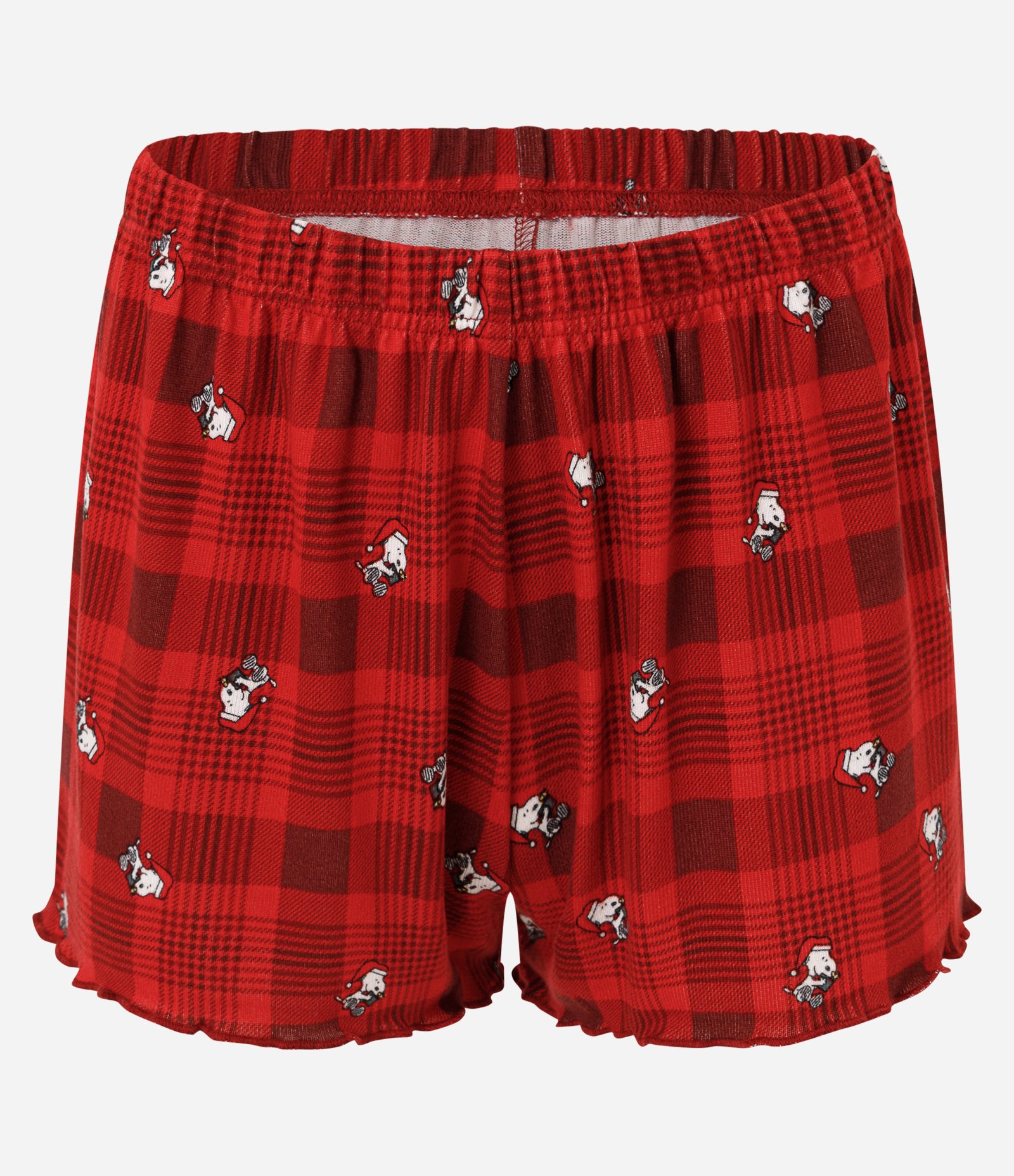 Pijama Short Doll em Tricô Xadrez com Estampa Snoopy Vermelho 8