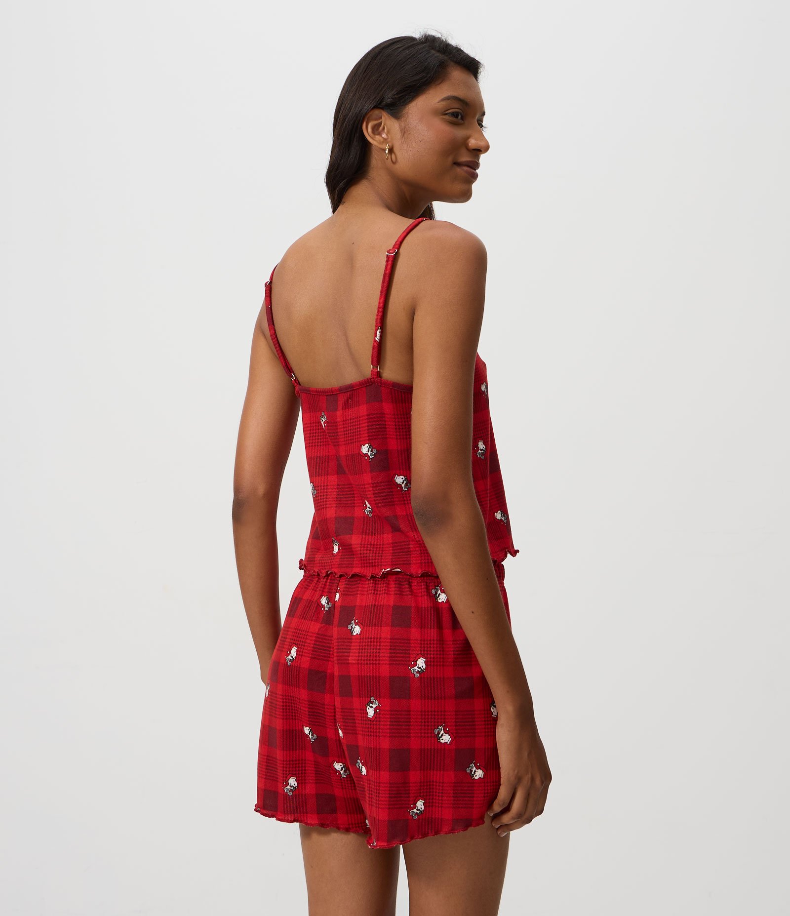 Pijama Short Doll em Tricô Xadrez com Estampa Snoopy Vermelho 4