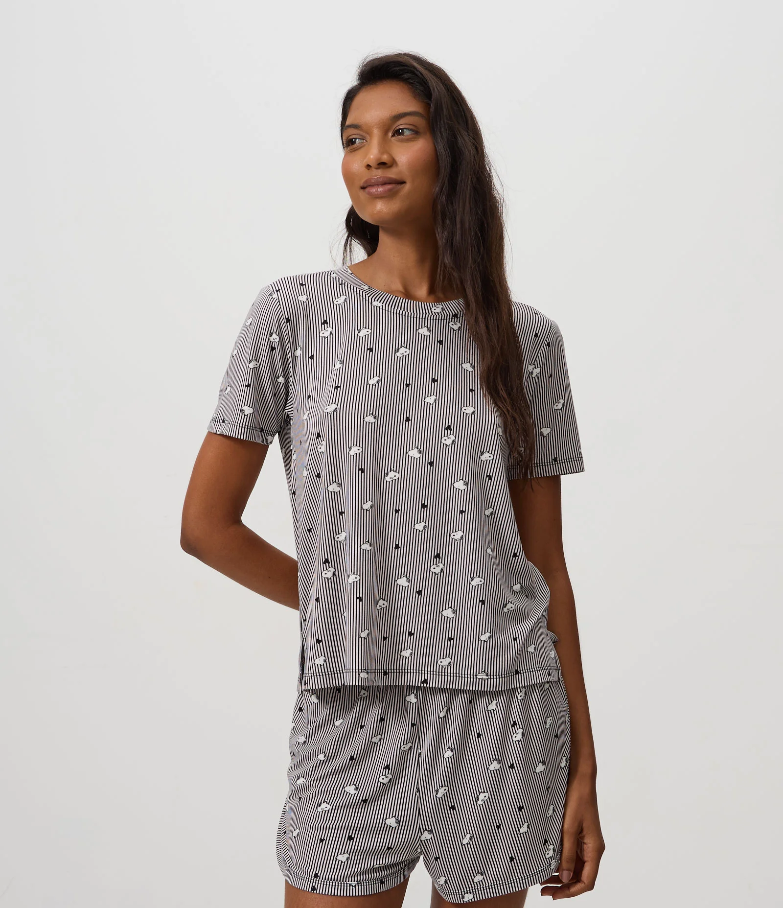 Blusa de Pijama em Peach Touch com Estampa de Listras Snoopy Cinza 1