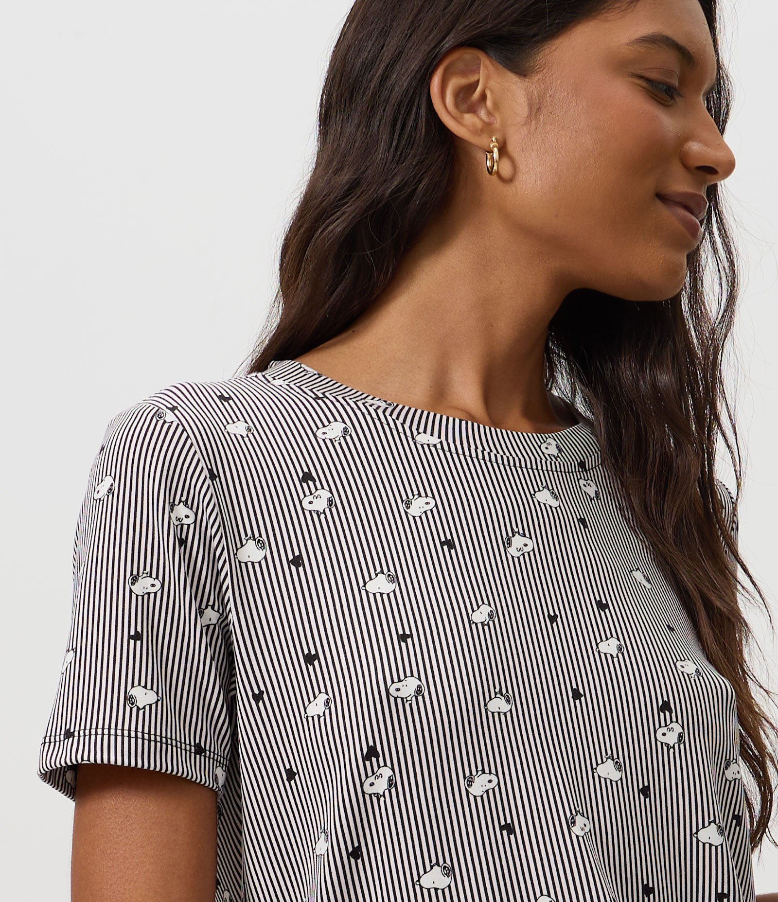 Blusa de Pijama em Peach Touch com Estampa de Listras Snoopy Cinza 3